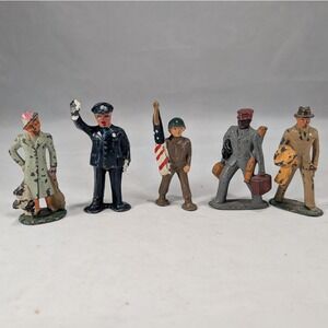 Vintage Barclay Manoil Lead Slush Mold Figures Soldier Police Porter Lot of 5